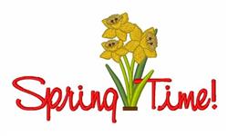 Playful daffodils with vibrant yellow petals and green leaves, featuring bold red 'Spring Time!' text.