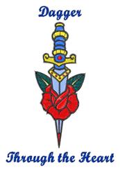 Bold dagger piercing a vibrant red rose, detailed with blue and gold accents, featuring the text 'Through the Heart'.