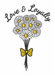 Cheerful bouquet of white daisies with yellow centers, tied with a yellow bow, featuring 'Love & Loyalty' text.