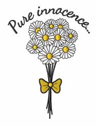 Bouquet of white daisies with yellow centers and a cheerful yellow bow, featuring 'Pure innocence...' in playful font.