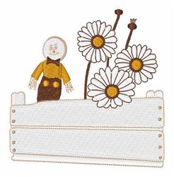 Whimsical scarecrow with round head and bowtie stands by large daisies, near a fence, evoking a cheerful spring mood.