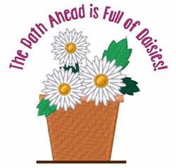 Colorful pot of daisies featuring white flowers with yellow centers and cheerful pink text. Playful design.