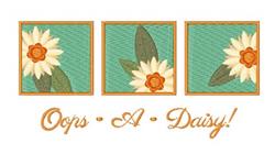 Playful daisy panels with cream petals and orange centers on a teal background, framed in orange. 'Oops - A - Daisy!' text.