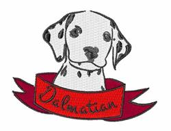 Cartoon Dalmatian dog with playful black spots, framed by a vibrant red ribbon reading 'Dalmatian'.