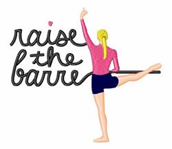Dynamic dancer in a pink top and dark shorts, poised at a barre with 'raise the barre' text, motivational theme.
