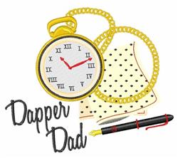 Whimsical design featuring a gold pocket watch with red accents, surrounded by polka dot fabric and a black fountain pen.