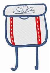 Playful decorative bag with a white body, red stripes, blue outline, and floral embellishments.
