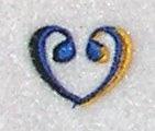 Decorative heart crafted with blue and gold threads, featuring smooth curves in a whimsical style.