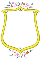 Blank decorative shield with yellow outline, surrounded by vibrant pink squares, red diamonds, and green triangles.