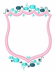 Decorative shield with a playful pink outline, aqua accents, and whimsical swirls, bright and inviting.