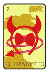 Playful devil character with red horns and a bow tie, surrounded by a pink ring on a yellow background.