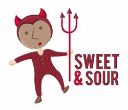 Playful devil character in red with horns and trident for Halloween, features bold 'SWEET & SOUR' text.