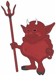 Whimsical cartoonish devil character with small horns and a cheeky grin, holding a red trident for Halloween decor.