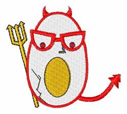 Playful cartoon egg character with devil horns and glasses, holding a trident. Features red accents and a yellow center.