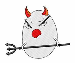 Playful egg character with red devil horns and angry expression, holding a black trident in cartoonish style.