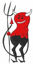 Playful cartoon devil with a bright red body and black accents, holding a trident and grinning, perfect for Halloween.