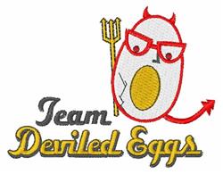 Playful deviled egg character with glasses, holding a pitchfork and vibrant 'Team Deviled Eggs' text.