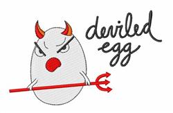 Whimsical white egg with devil horns, pitchfork, and red accents, featuring 'deviled egg' text for holiday fun.