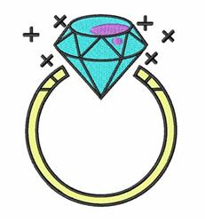 Stylized ring with a large turquoise diamond on a yellow band, accented by sparkles, perfect for weddings.
