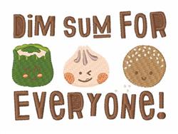 Playful characters of a green dumpling, smiling pork bun, and sesame ball with 'DIM SUM FOR EVERYONE!' in earthy tones.