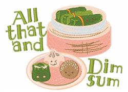 Colorful dim sum in a pink steamer basket with green dumplings and plate, featuring playful text 'All that and Dim sum'.