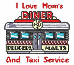 Cartoon diner building with vibrant red and black colors, featuring a clock and bold text: 'I Love Mom's Diner Burgers.'