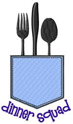 Playful cutlery design featuring a blue pocket with fork, knife, spoon, and 'dinner squad' text. Ideal for kitchen use.