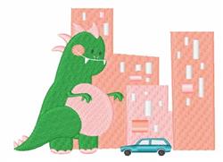 Playful cartoon dinosaur in vibrant green with pink accents towers over pink buildings and a blue car.