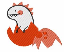 Cute dinosaur peeking from an orange eggshell, with white shell fragments scattered around in a playful scene.