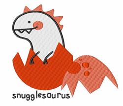 Cartoon dinosaur hatchling bursting from an egg shell in vibrant orange and white colors, featuring 'snugglesaurus' text belo