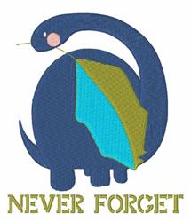Playful dinosaur in dark blue with turquoise and mustard accents, adorned by a colorful leaf, featuring 'NEVER FORGET' text.