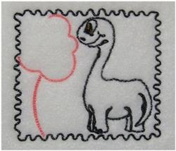 Playful dinosaur with a friendly smile, black outline, and pink speech bubble, framed with a scalloped edge.