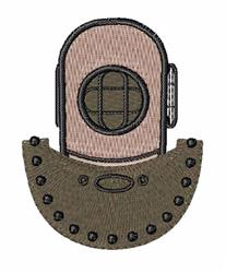 Fun diving helmet applique design featuring a circular window and decorative dots in rustic colors.