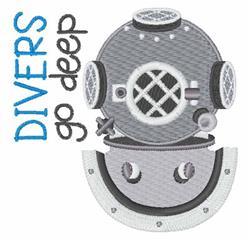 Cartoonish vintage diving helmet in gray and black with bold lettering 'DIVERS go deep'. Playful nautical design.