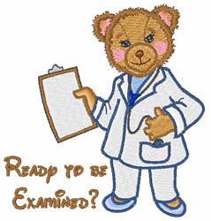 Playful bear in a doctor's coat holding a clipboard with a cheerful expression and blushes on its cheeks.