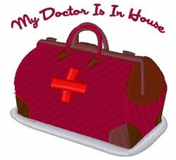 Playful doctor's bag in vibrant red with a red cross and 'My Doctor Is In House' embroidered text.