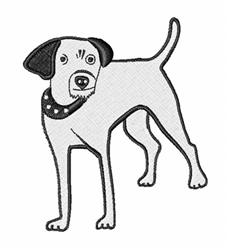 Cartoon dog with a white body and black ear, wearing a spotted black collar, playful and whimsical style.