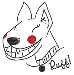 Playful cartoon dog face with a cheerful grin, red accents on cheeks, and the word 'Ruff!' in fun font.
