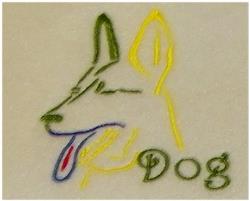 Playful dog outline in colorful line art stitches with vibrant green, yellow, and blue threads, featuring the word 'DOG'.
