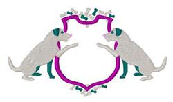 Playful pink shield with two gray dogs and bones, vibrant green and purple details in cheerful design.
