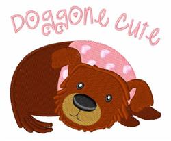 Playful cartoon dog in brown, surrounded by pink hearts and 'Doggone Cute' text on a patterned background.