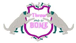 Playful dogs reaching for a pink 'Throw me a BONE' banner in a colorful shield shape design, perfect for pet lovers.