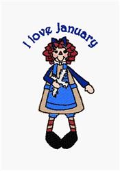 Applique doll character with curly red hair in a blue dress, holding a white object. Cheerful winter decor for January.