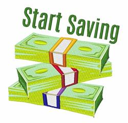 Three stacks of vibrant dollar bills with colorful bands, featuring bold 'Start Saving' text in a playful design.