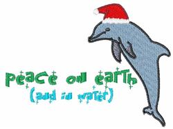 Whimsical dolphin wearing a festive red Santa hat, with colorful text 'peace on earth (add in water)' below.