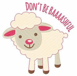 Playful sheep with a fluffy white coat and pink accents, cheerfully facing viewer with 'DON'T BE BAAAAASHFUL' text.
