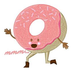 Playful donut character with pink frosting and sprinkles, smiling in a dynamic running pose. Perfect for children's designs.