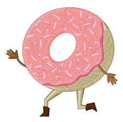 Cartoon donut character with pink icing, cheerful arms and legs, vibrant sprinkles, perfect for kids.