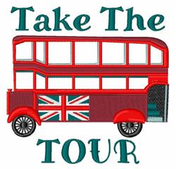 Colorful double-decker bus with Union Jack design, featuring bold teal 'Take The TOUR' text, perfect for travel-themed projec