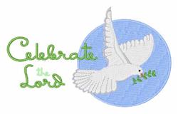 Whimsical dove in flight holds a branch, set against a blue circular background with cheerful green text.